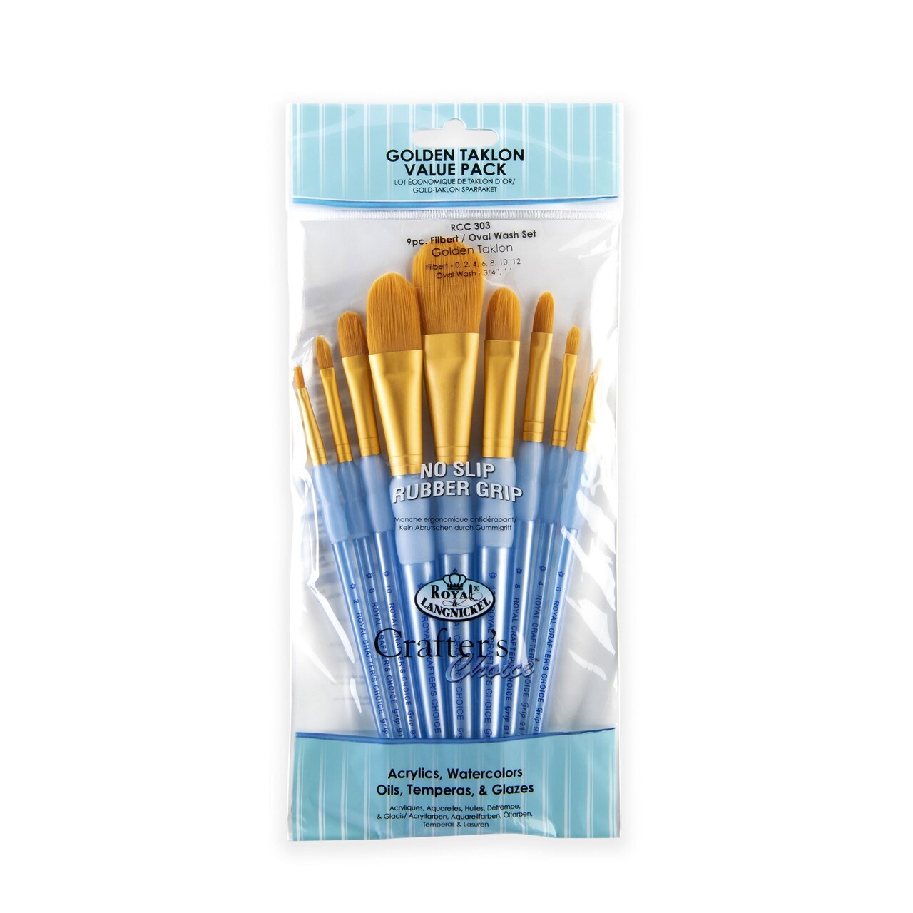 RCC 303 | Crafter's Choice™ 9pc Golden Taklon Filbert/Oval Wash Brush Set